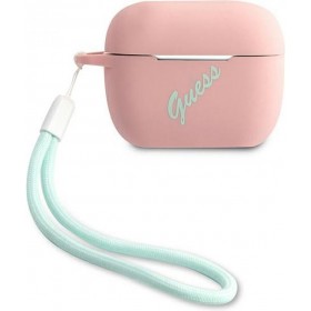 Introducing the Guess GUACAPLSVSPG Apple AirPods Pro cover in trendy pink and green silicone vintage design!