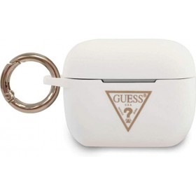 Introducing the Guess GUACAPLSTLWH Apple AirPods Pro Cover in white silicone with a trendy triangle logo, designed to elevate yo