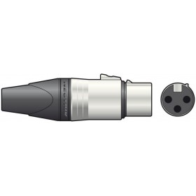3-pole XLR line connector in standard metal version with strain relief and flexible rubber cable protector. For cables up to 8mm