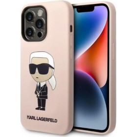 Introducing the Karl Lagerfeld KLHCP14XSNIKBCP Apple iPhone 14 Pro Max Hardcase in a vibrant pink Silicone Ikonik design, perfec