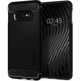 The Spigen Rugged Armor case for the Samsung Galaxy S10e in Matte Black combines rugged protection with a sleek design.