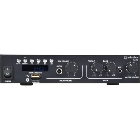 Digital stereo PA amplifier with integral media player and a class-D amplifier section delivering up to 2 x 100W max.