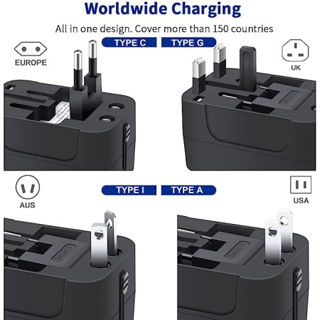  Rolling Square Portable Pocket Travel Charger -  Smartphone-Compatible Universal Travel Adapter for 200+ Countries - US, EU,  UK, AU Plug - USB-A + USB-C - Up to 20W Output : Cell