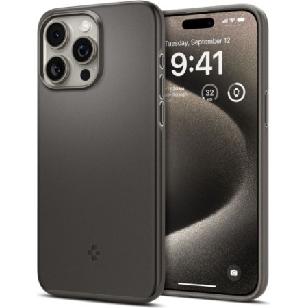 The SPIGEN Thin Fit case for the Apple iPhone 15 Pro Max in Gunmetal is a sleek and minimalistic protective case that is designe