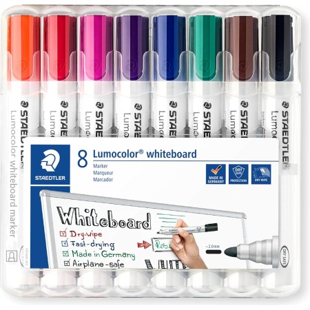 STAEDTLER 351 WP8 Lumocolor Whiteboard Marker Bullet Tip - Assorted Colours (Pack of 8)