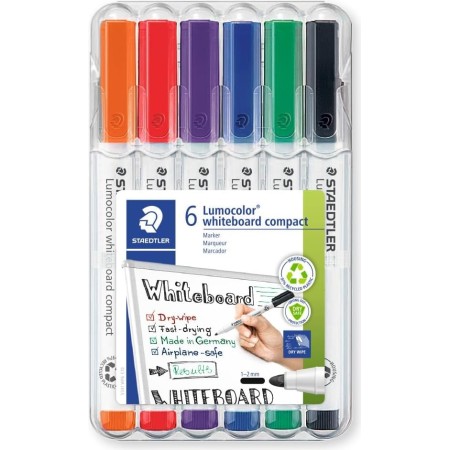 STAEDTLER 341 WP6 Lumocolor Compact Whiteboard Marker, 1-2mm Line Width - 6 Assorted Colours (Pack of 6 Pens)