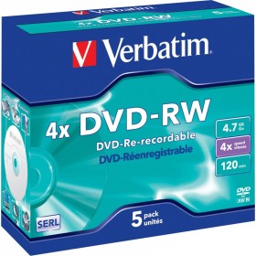 Verbatim DVD-RW 4.7GB 4X 5-Pack Jewel Case Matt Silver 43285
