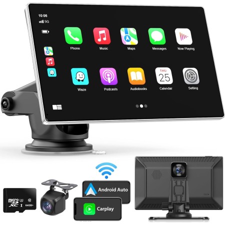 Madoec Portable 9" Wireless Apple Carplay & Android Auto 4K Dash Cam 1080p Backup Camera