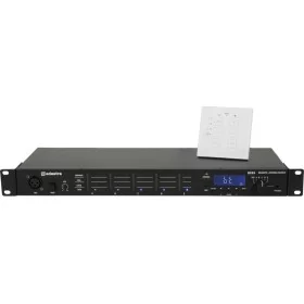 1U rack-mountable audio matrix with 4 selectable inputs to 5 output zones. An inbuilt media player section features playback fro