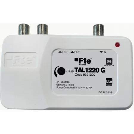 Inputs: 1. Outputs: 2. Bands: VHF + UHF. Frequencies (MHz): 47 - 694. Gain (dB): 20 dB +/- 1,5. Regulation (dB): 15. Output leve